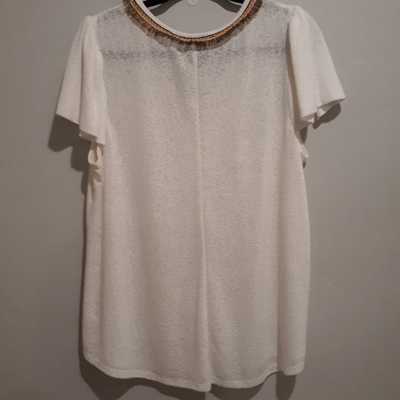 Bobeau Top Cream White top w/Fringe around Neck Brown Orange size 1x - Picture 2 of 5